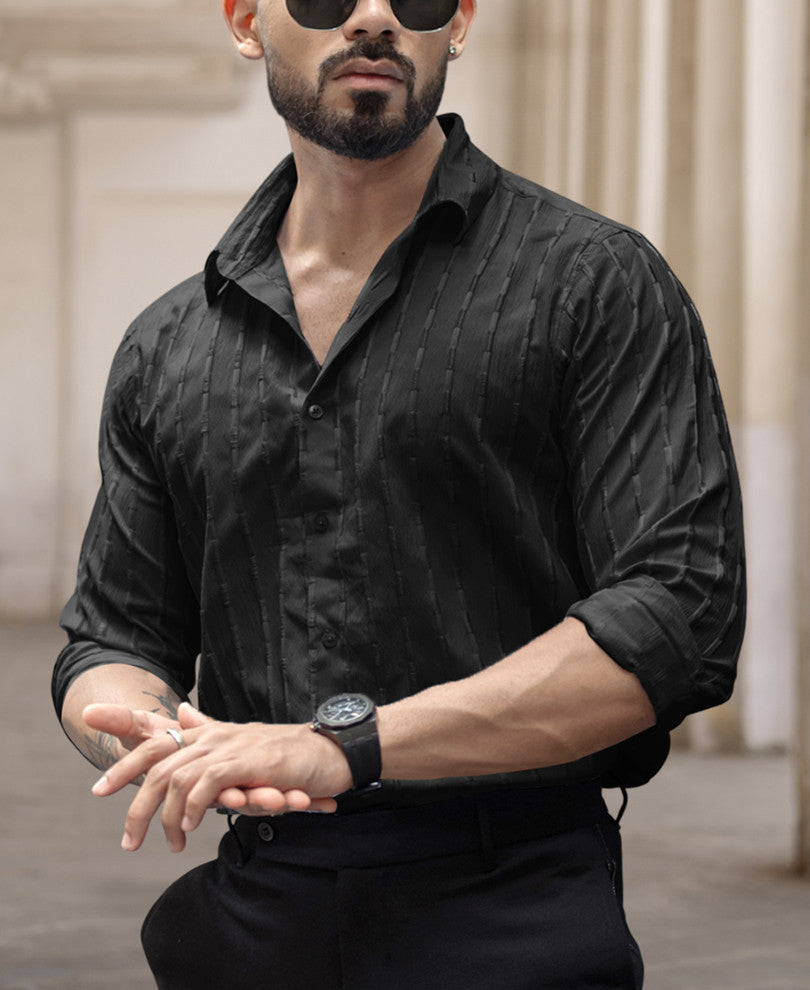 Black Stripe Structured Regular Fit Full Sleeves Shirt