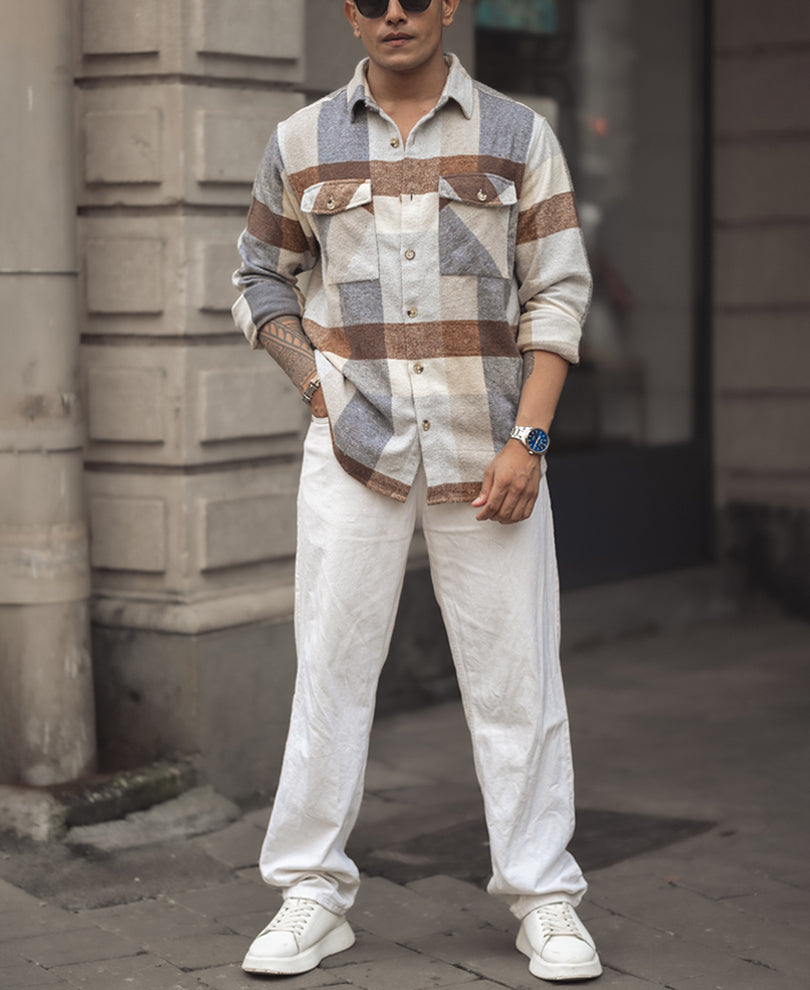 Beige Regular Fit Full Sleeve Shirt With Double Flap Pocket