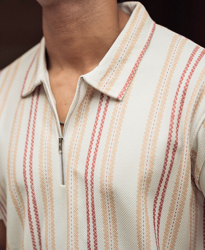 Multi-Coloured Striped Regular Fit Half Sleeve T-Shirt with Zipper