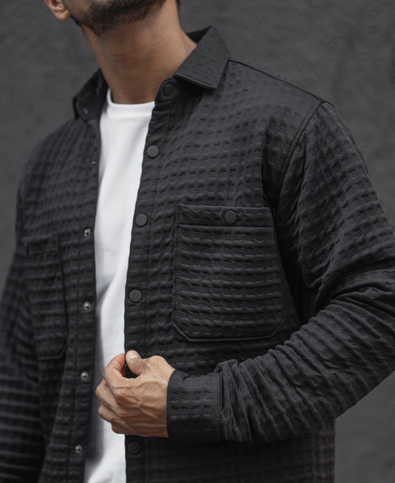 Black Solid Structure Regular Fit Full Sleeves Shirt