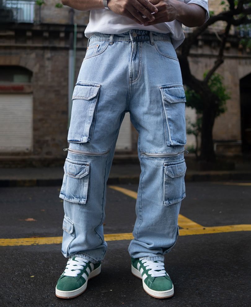 Ice Blue Baggy Fit Cargo Jeans
