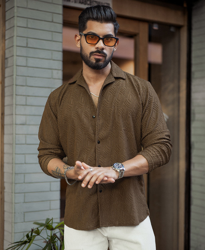 Brown Regular Fit Structured Full Sleeves Shirt