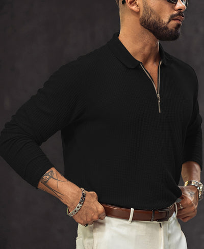 Black Regular Fit Full Sleeves Collar Neck T-Shirt With Chain