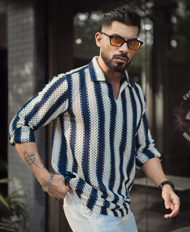Navy Blue And Off White Stripes Regular Fit Full Sleeves Shirt