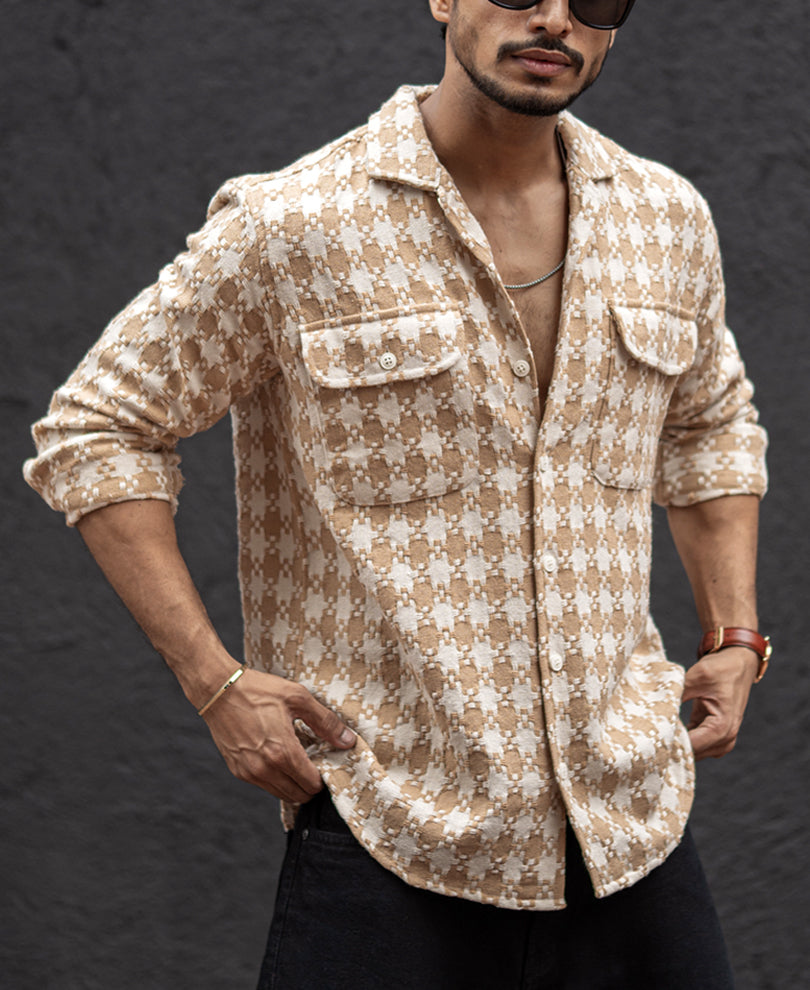 Beige Checks Regular Fit Full Sleeves Shirt