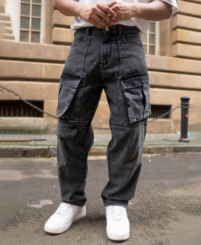 Carbon Black Baggy Fit Cargo Denim with pockets