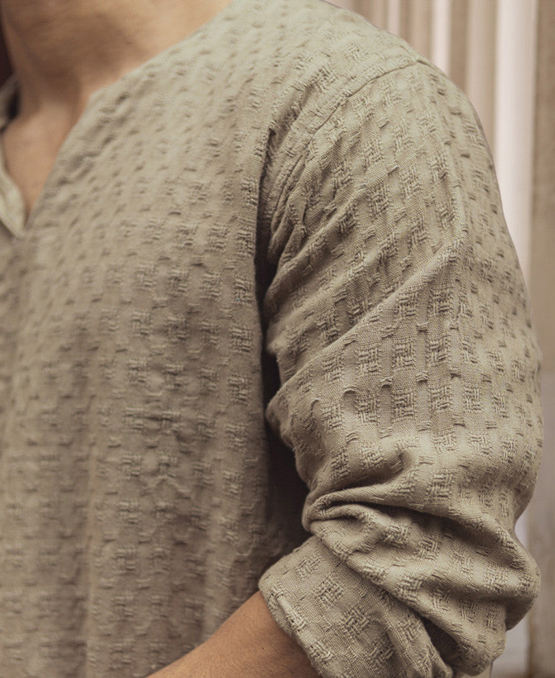 Beige Structured Regular Fit Full Sleeve Kurta Style Shirt