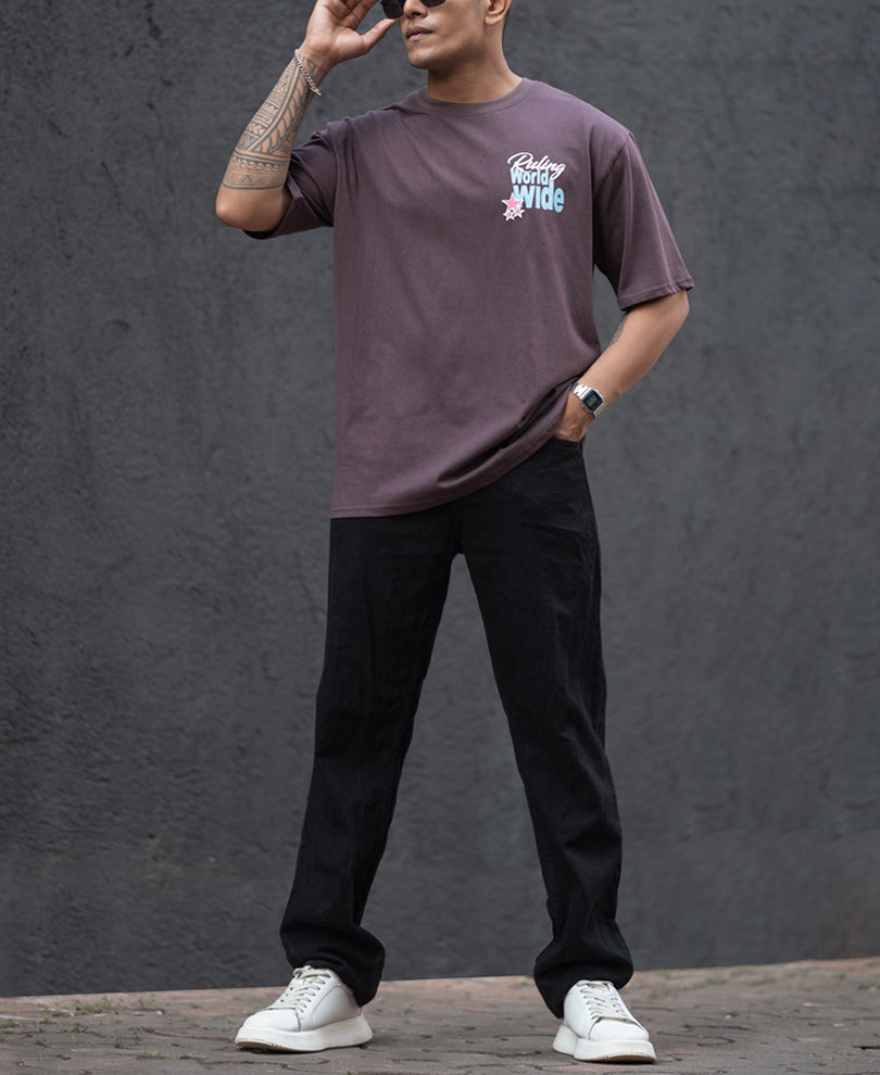 Coffee Brown World Wide Print Oversized Half Sleeves T-Shirt