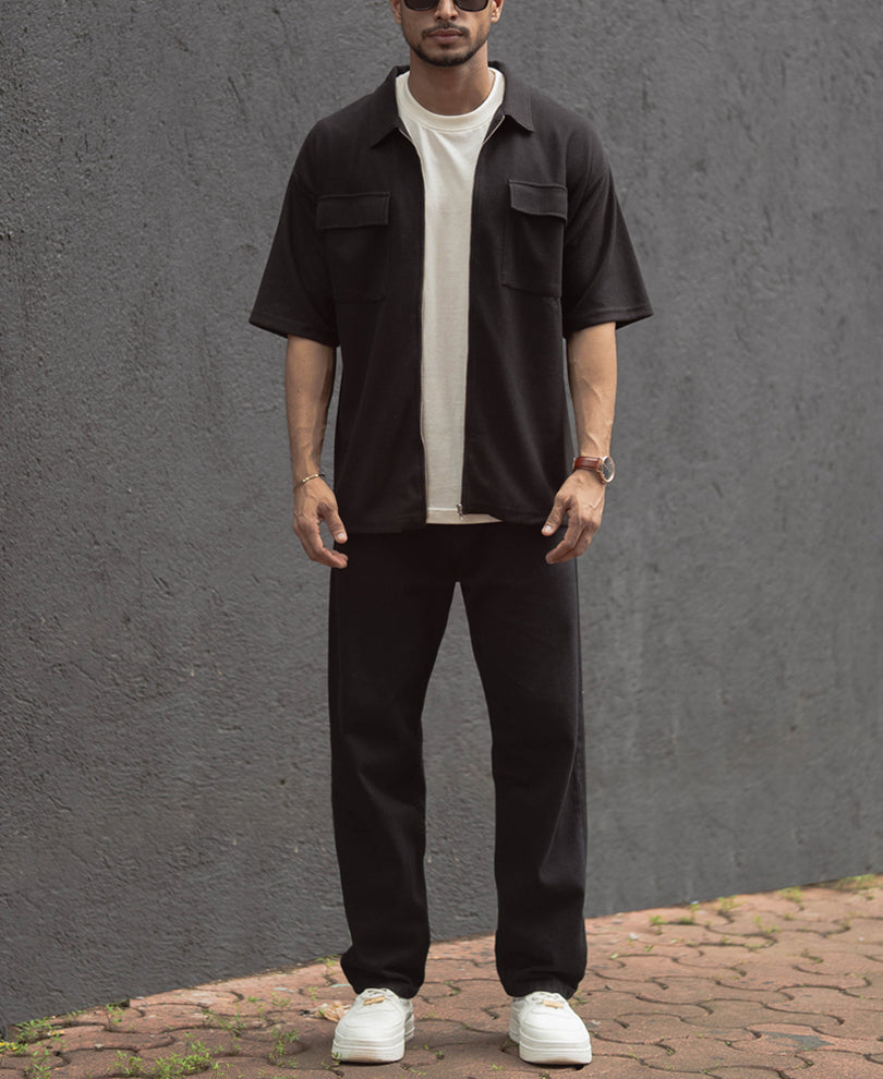Black Oversized Half Sleeves Shirt With Zip