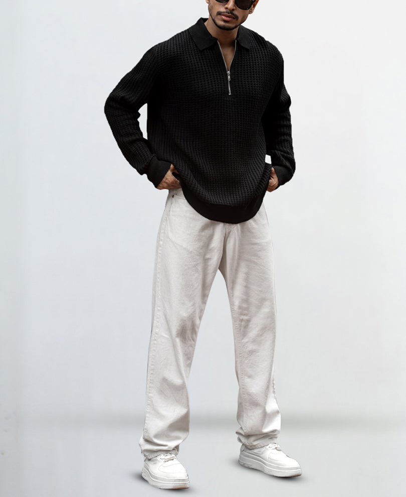 Black Knit Regular Fit Full Sleeves Tshirt