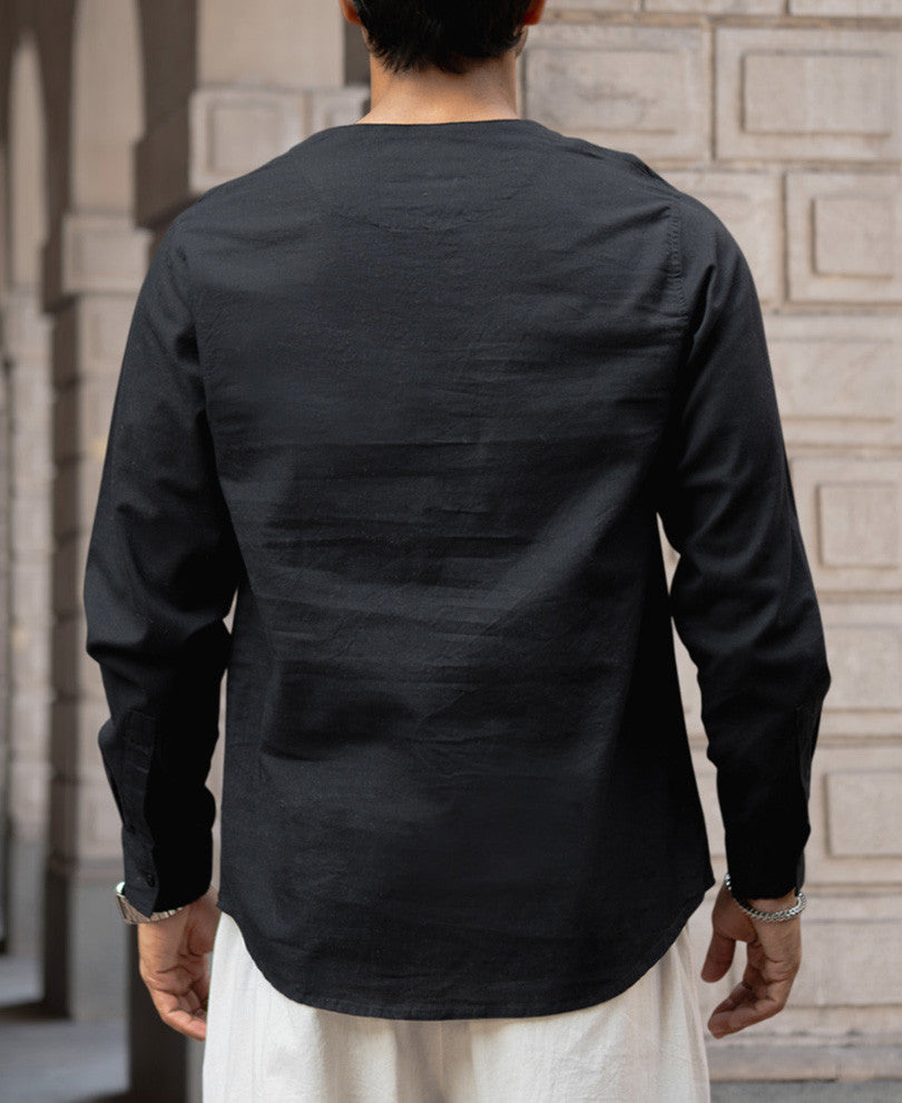 Black Regular Fit Kurta Style Full Sleeves Shirt