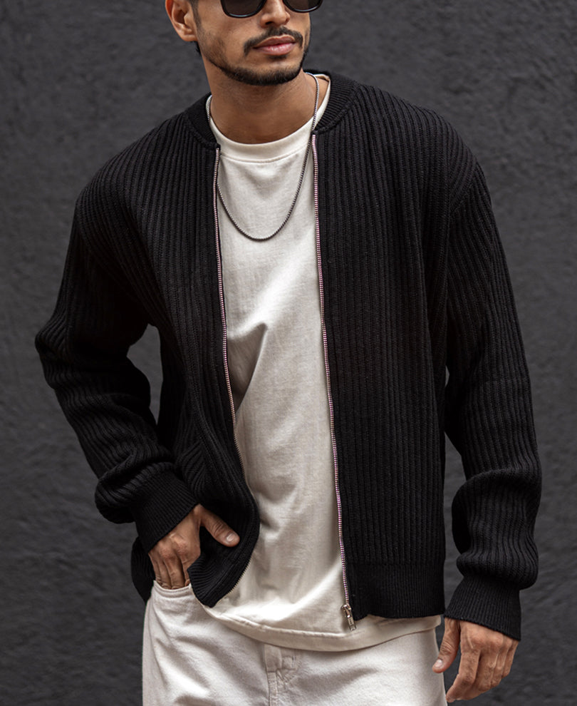 Black Knit Regular Fit Full Sleeves Bomber Jacket