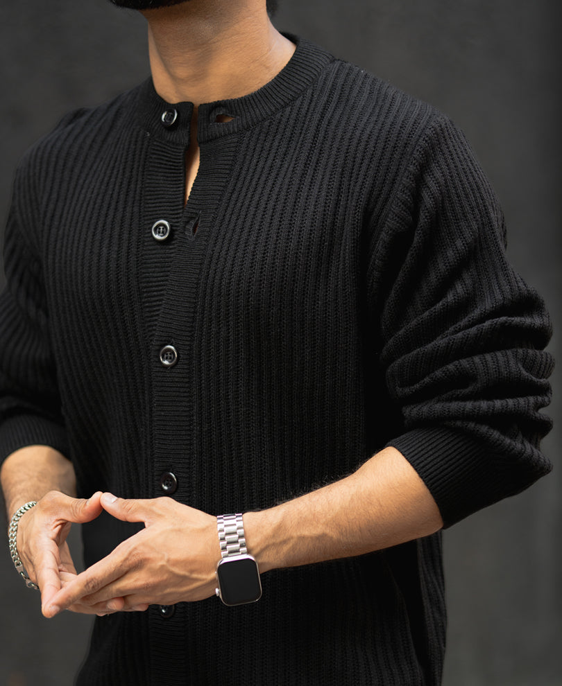 Black Regular Fit Full Sleeves Sweater Jacket