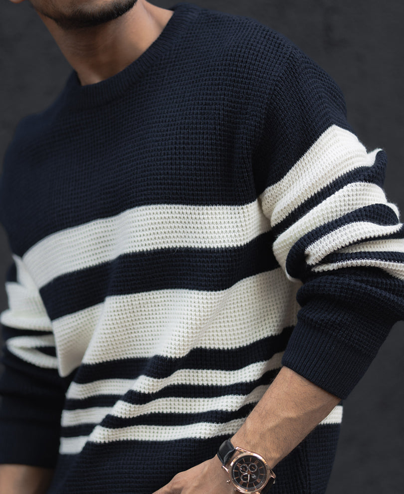 Navy Blue And White Stripes Regular Fit Full Sleeves T-Shirt