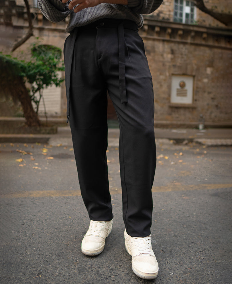 Black Pleated Trousers With Belt