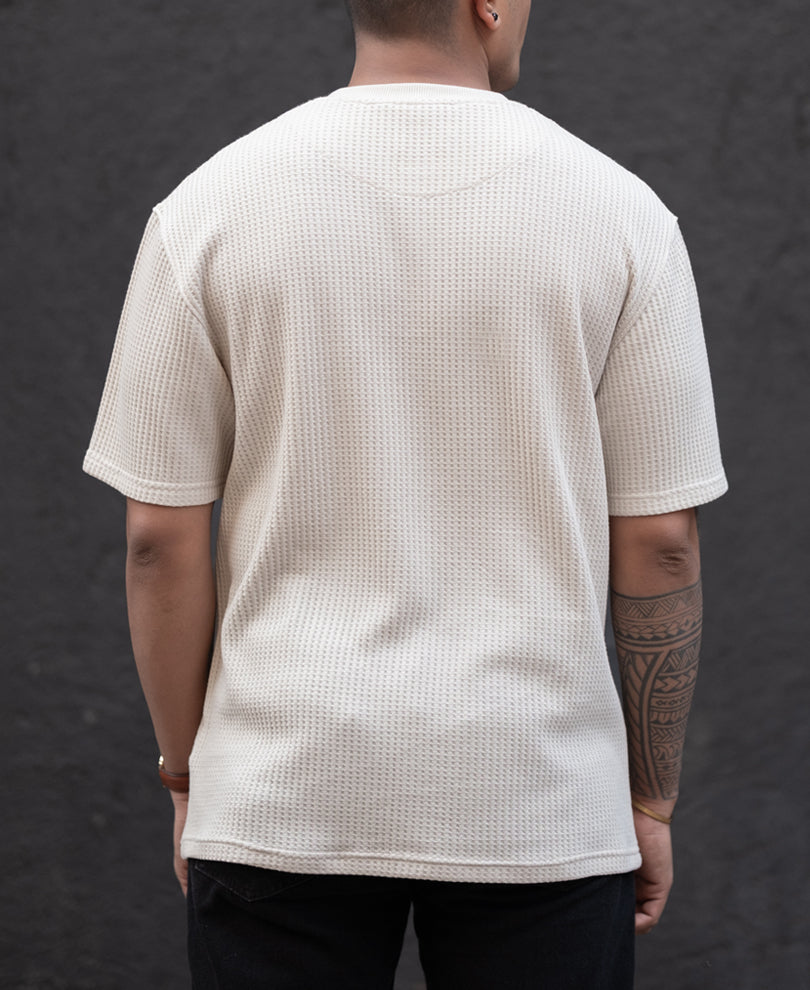 Cream Structured Printed Regular Fit Half Sleeves T-Shirt.