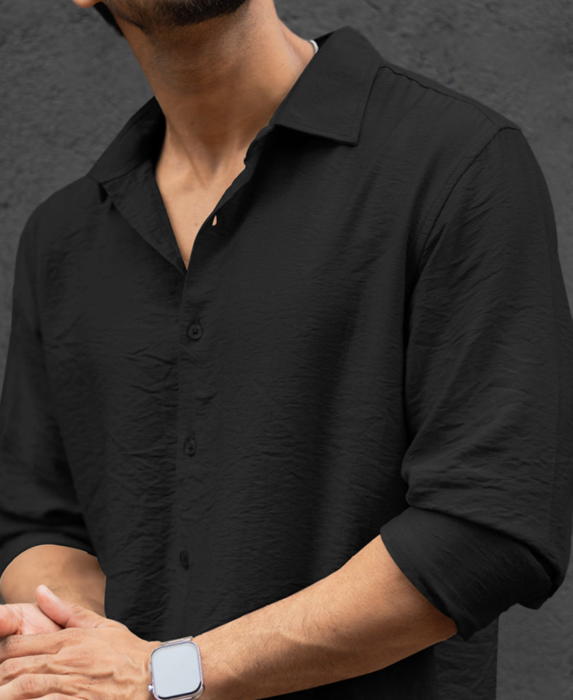 Plain Black Regular Fit Full Sleeves Shirt