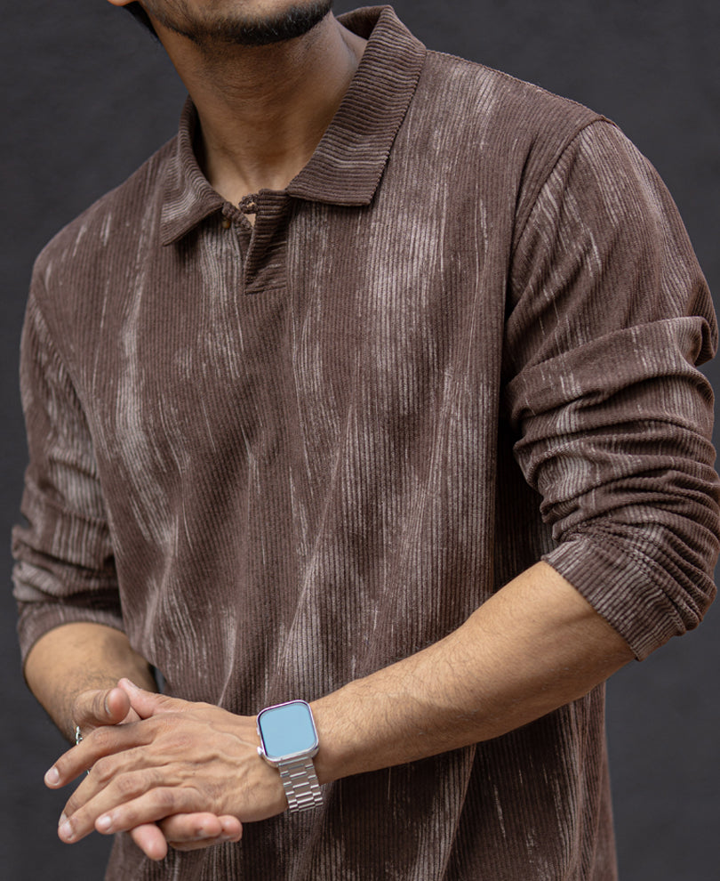 Brown Corduroy Regular Fit Full Sleeves T-Shirt