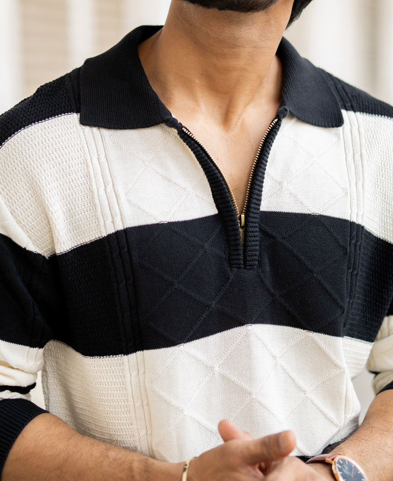 Black And Off-White Regular Fit Full Sleeves T-Shirt