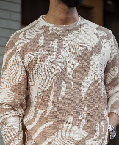 Off-White And Brown Regular Fit Printed Full Sleeves T-Shirt