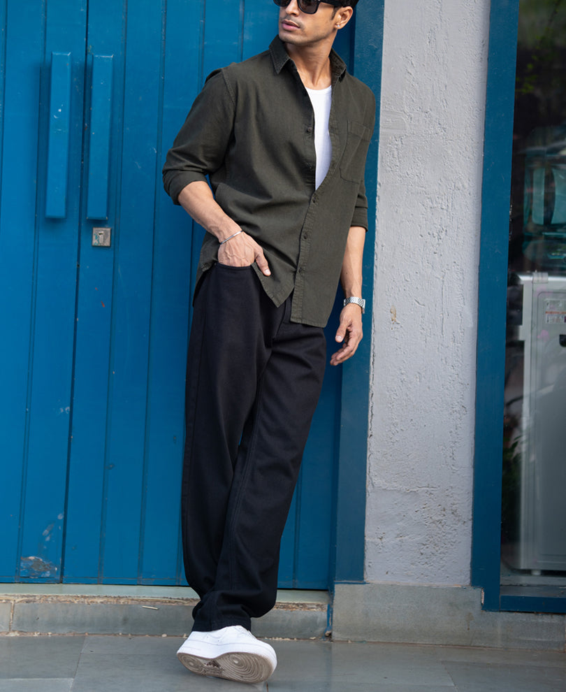Dark Olive Double Pocket Denim Shirt
