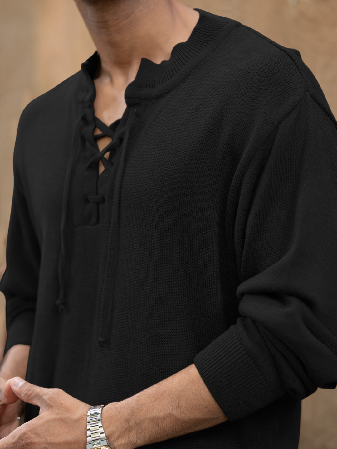 Black Knitted Henley Full Sleeves T-Shirt