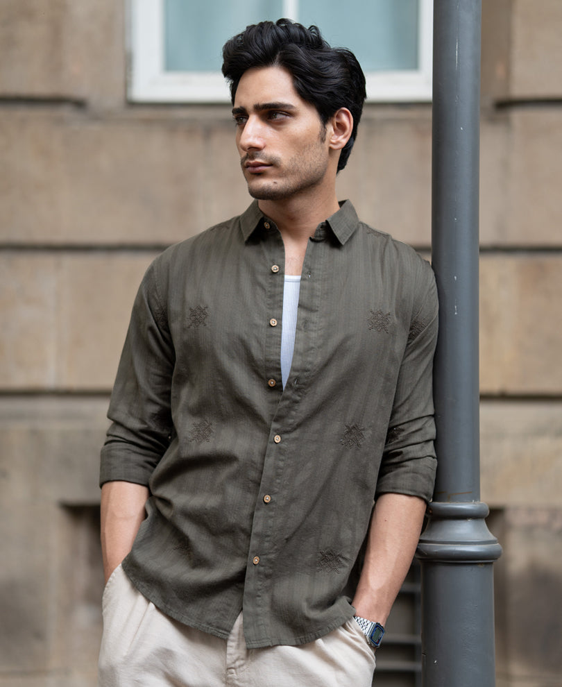 Olive Structure Embroidered Shirt