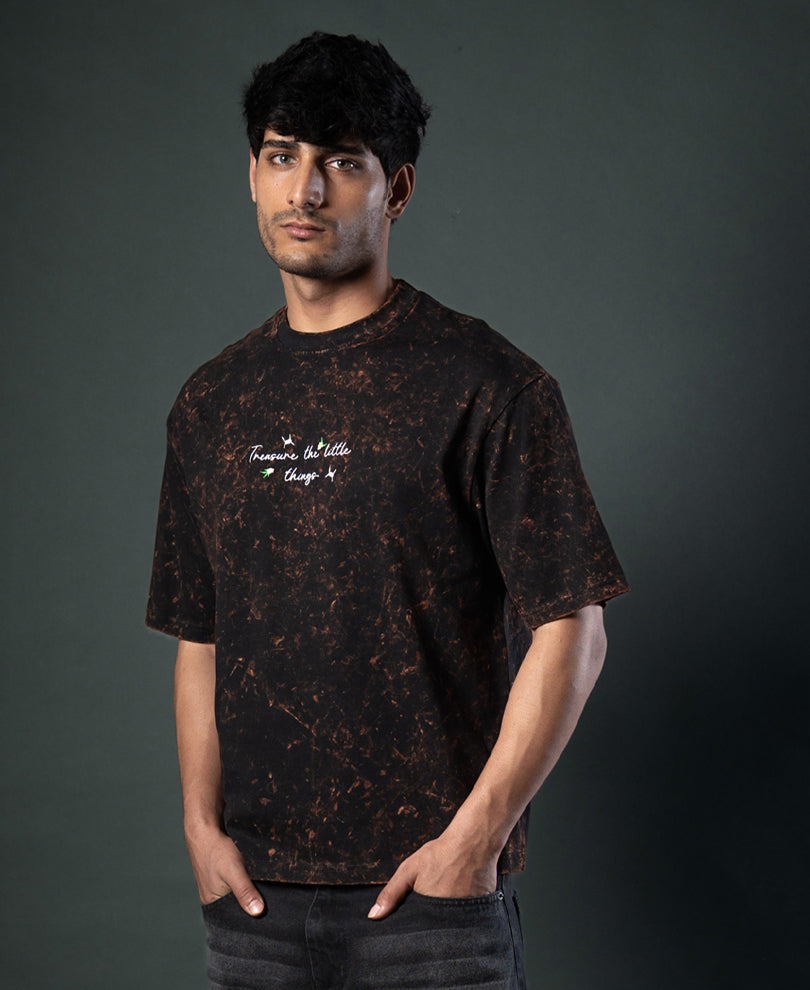 Dark Brown Floral Embroidery T-Shirt.