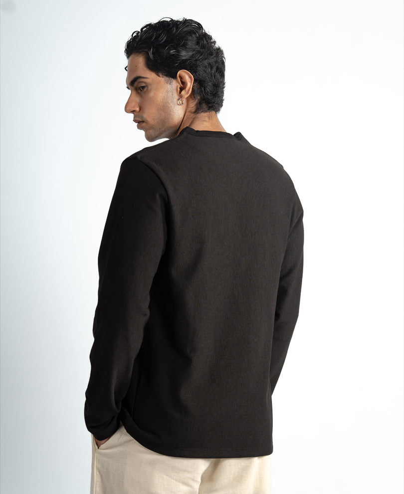 Black Henley Neck Knit T-Shirt