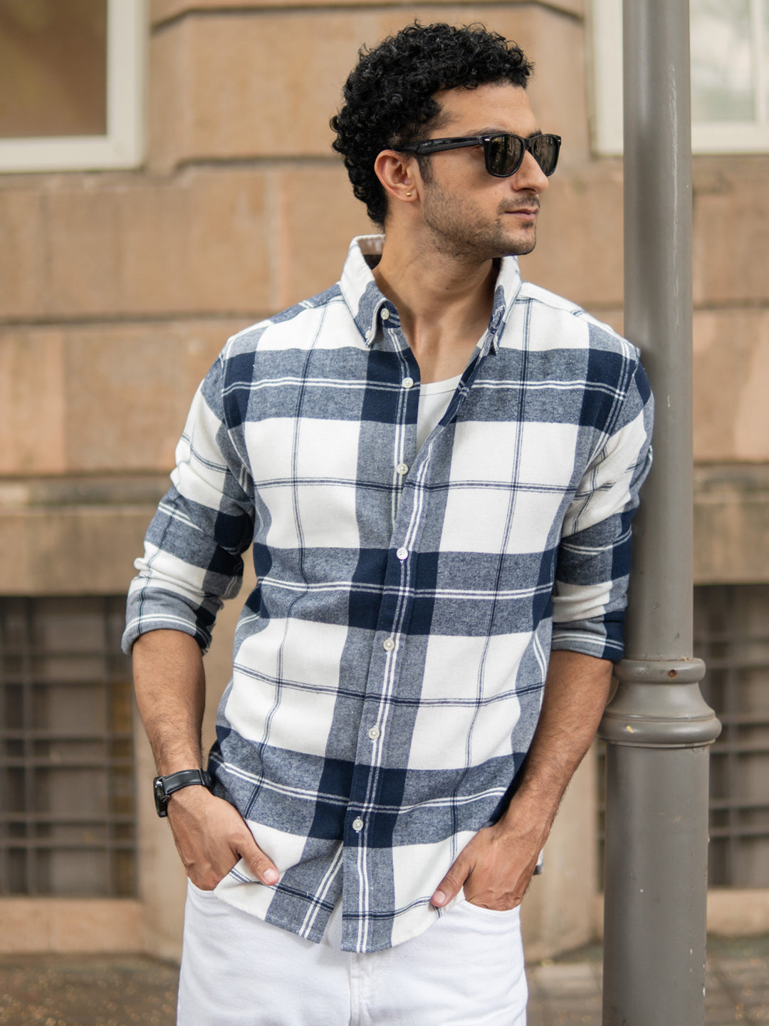 Navy And White Macro Checks Shirt