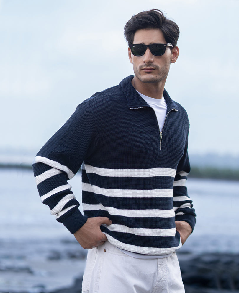 Navy Striped Zipper Neck Sweater