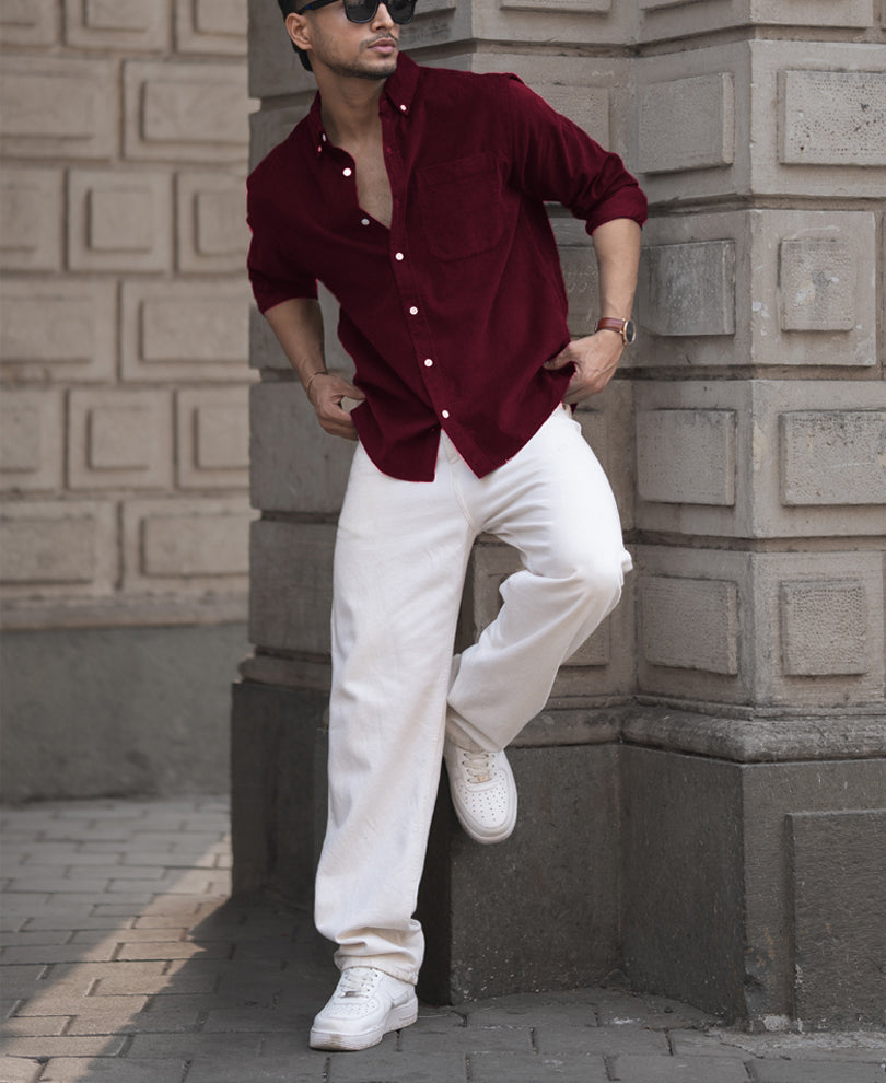 Wine Corduroy Regular Fit Full Sleeves Shirt