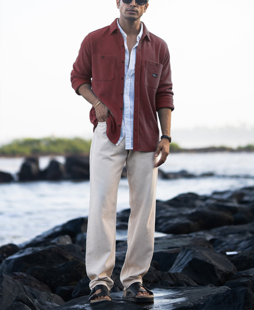 Wine Structured Knit Shirt With Pockets