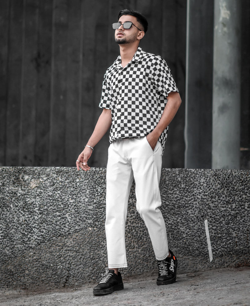 White and Black Check Print Half Sleeves Shirt