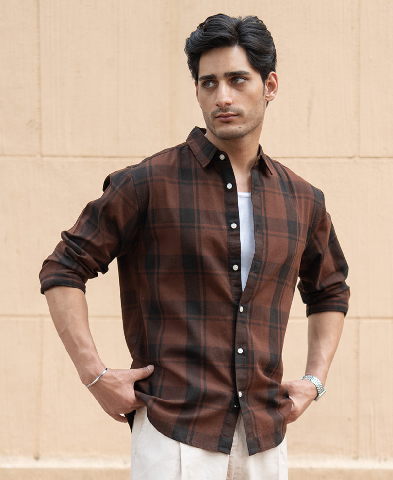 Dark Brown Structured Checked Shirt