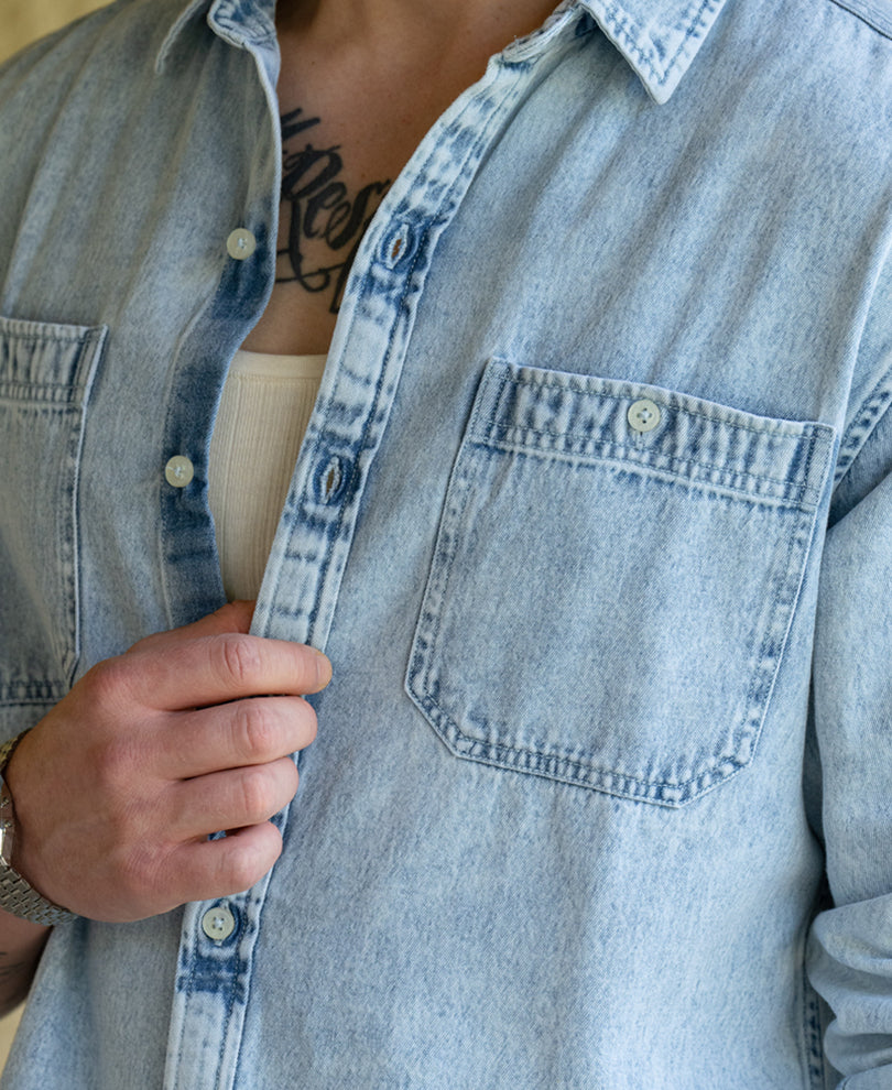 Blue Double Pocket Denim Shirt 100% Cotton