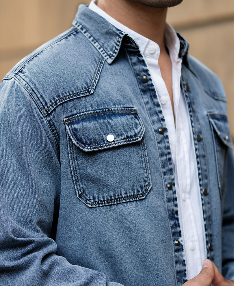 Mid Blue Denim Overshirt.