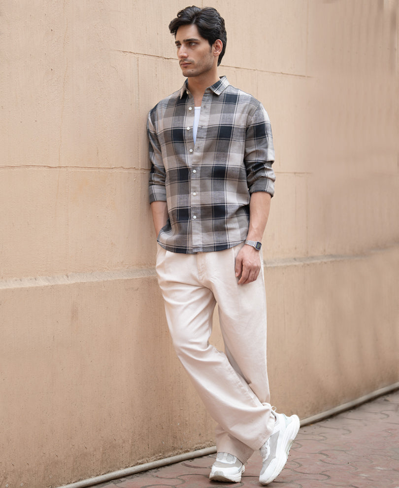 Olive & Black Structured Checks Shirt.