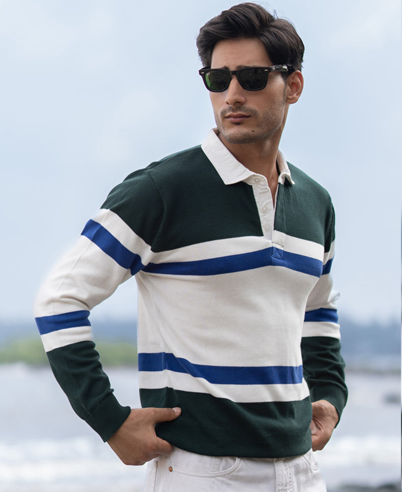 Olive And White Stripe Polo T-Shirt