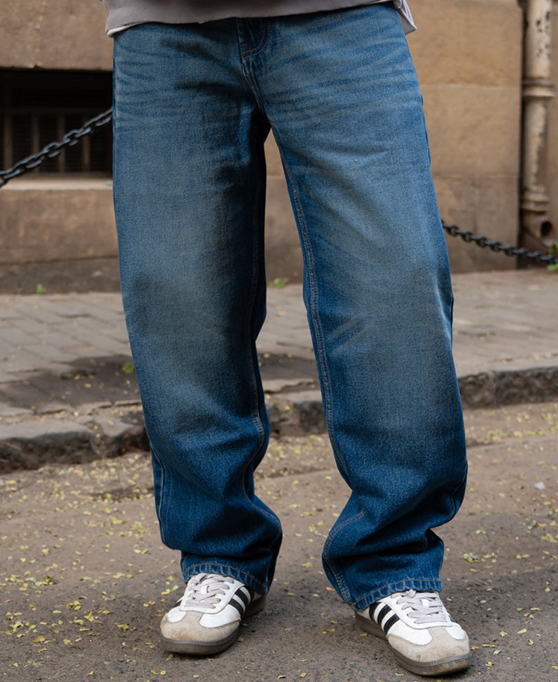 Dark Blue Washed Baggy Fit Jeans.