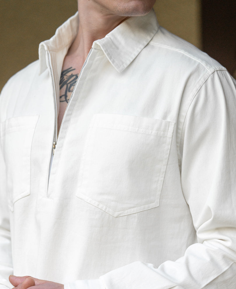 White Structured Zipper Shirt 100% Cotton