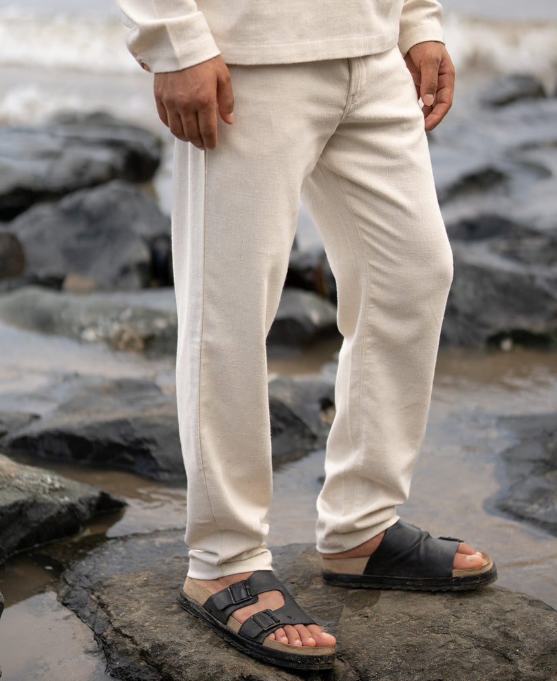 Cream Structured Cotton Trouser