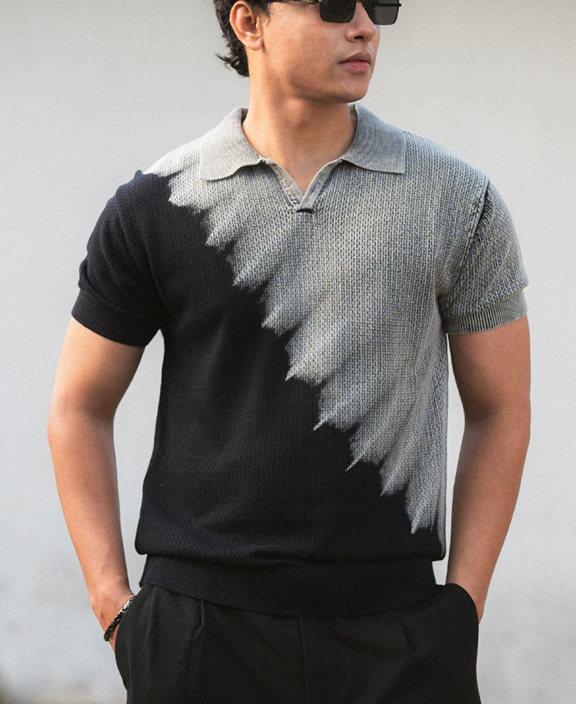 Black Tie Dye Knit Polo T-Shirt 100% Cotton