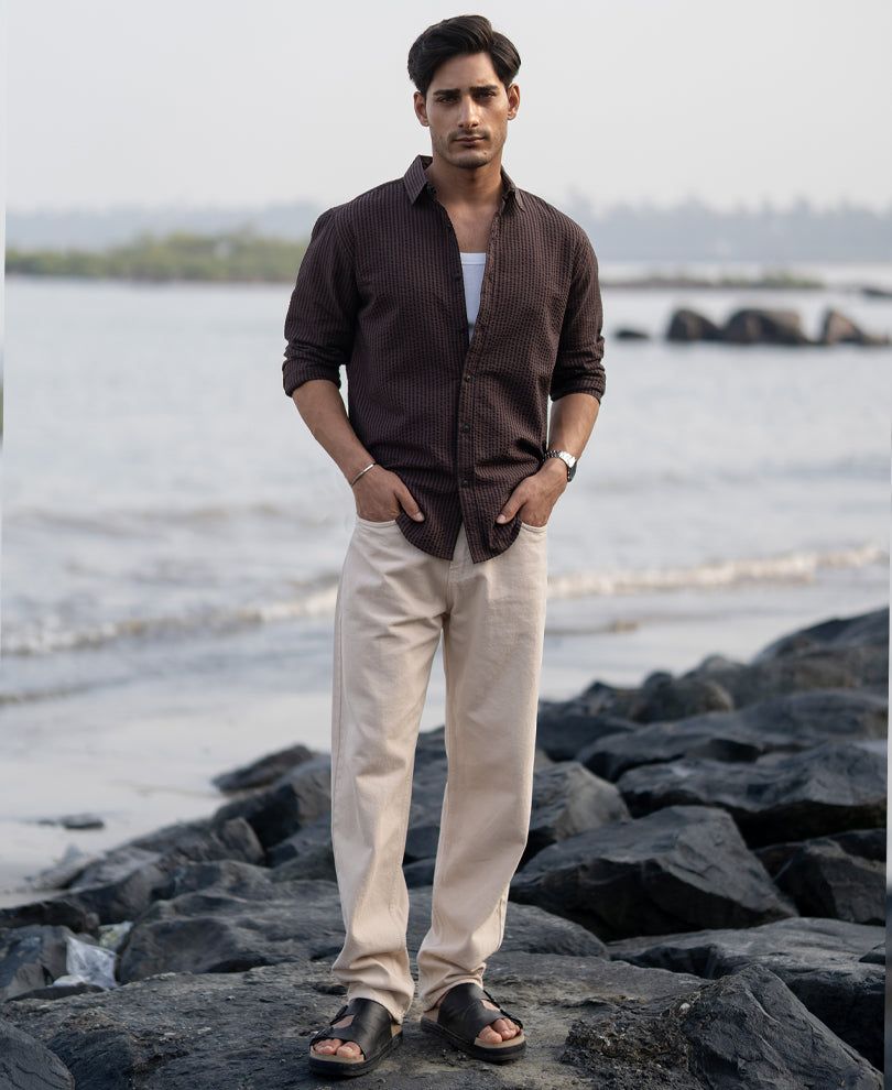 Brown Seer Sucker Stripe Shirt