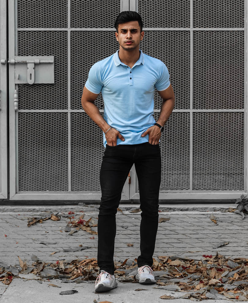 Sky Blue Polo Collar Half Sleeves T Shirt