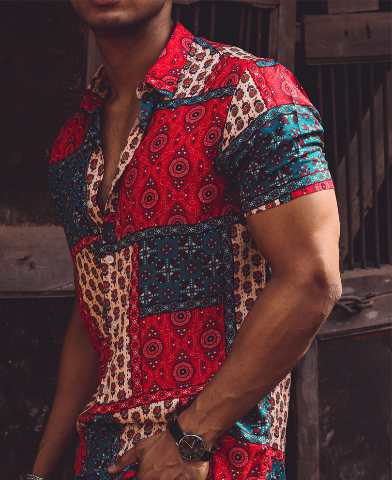 Red and Cream Patchwork Print Half Sleeves Shirt