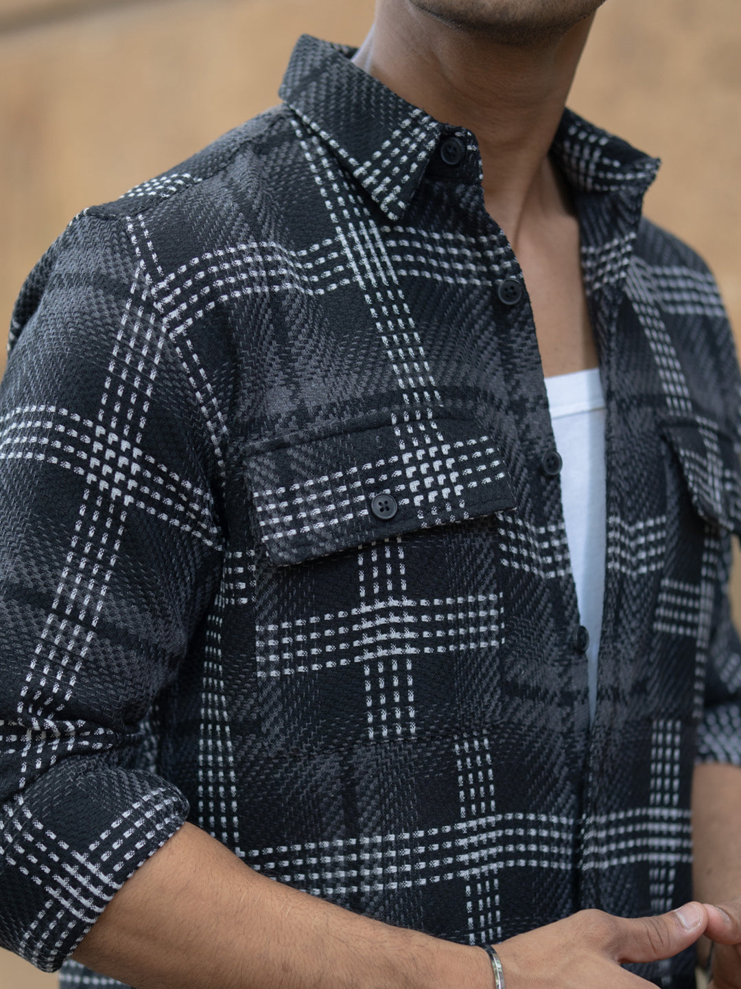 Black Structured Double Pockets Checked Shirt
