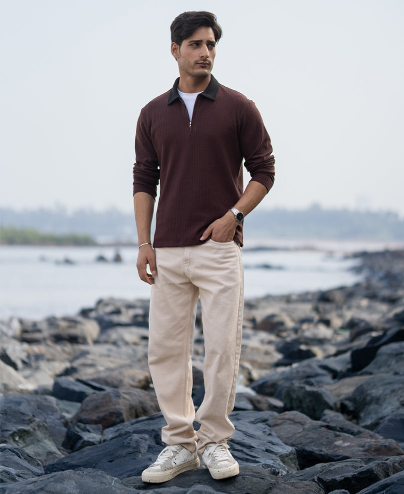 Brown Contrast Collar Structure T-Shirt