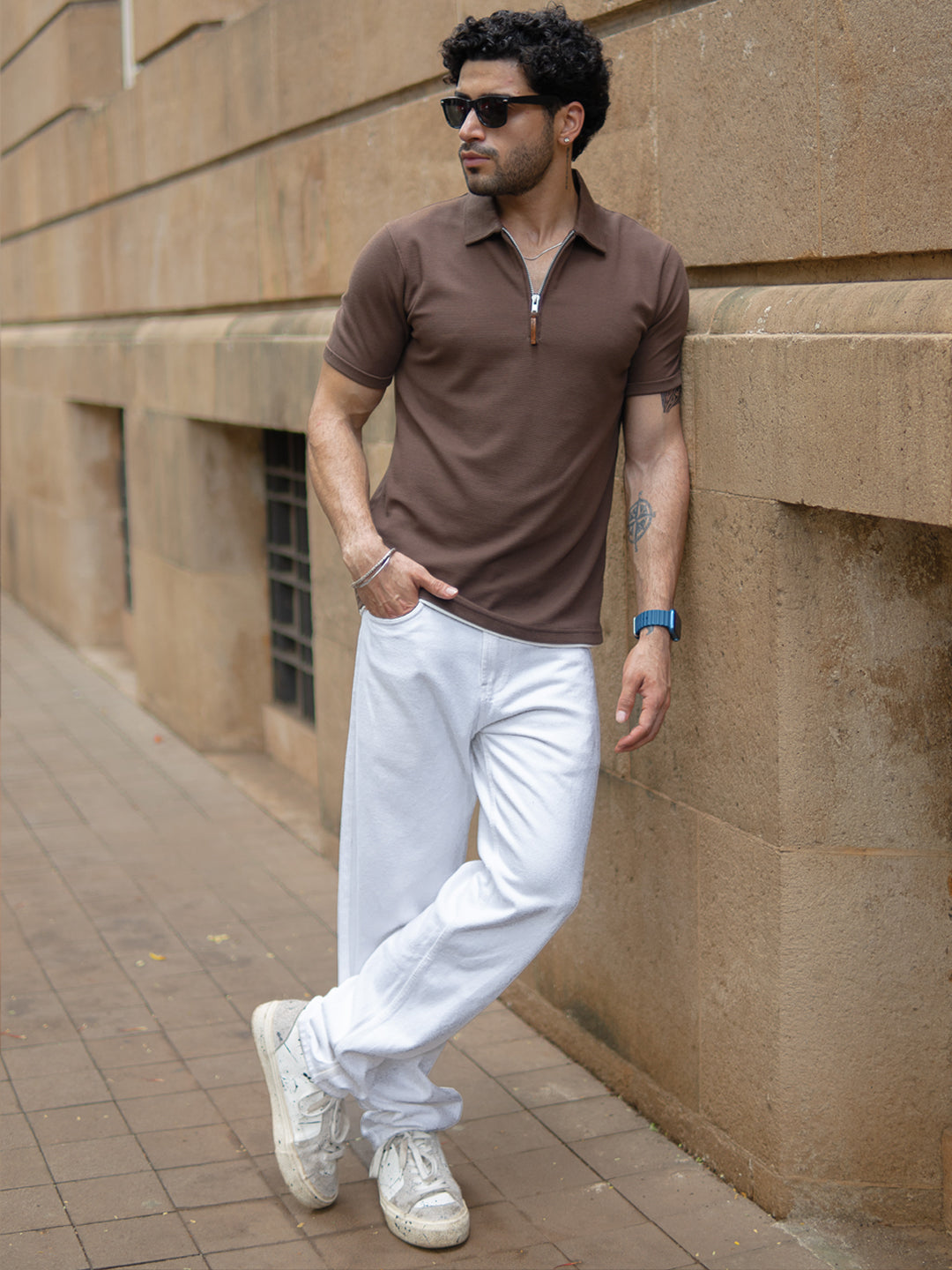 Brown Knit Zipper Polo T-Shirt