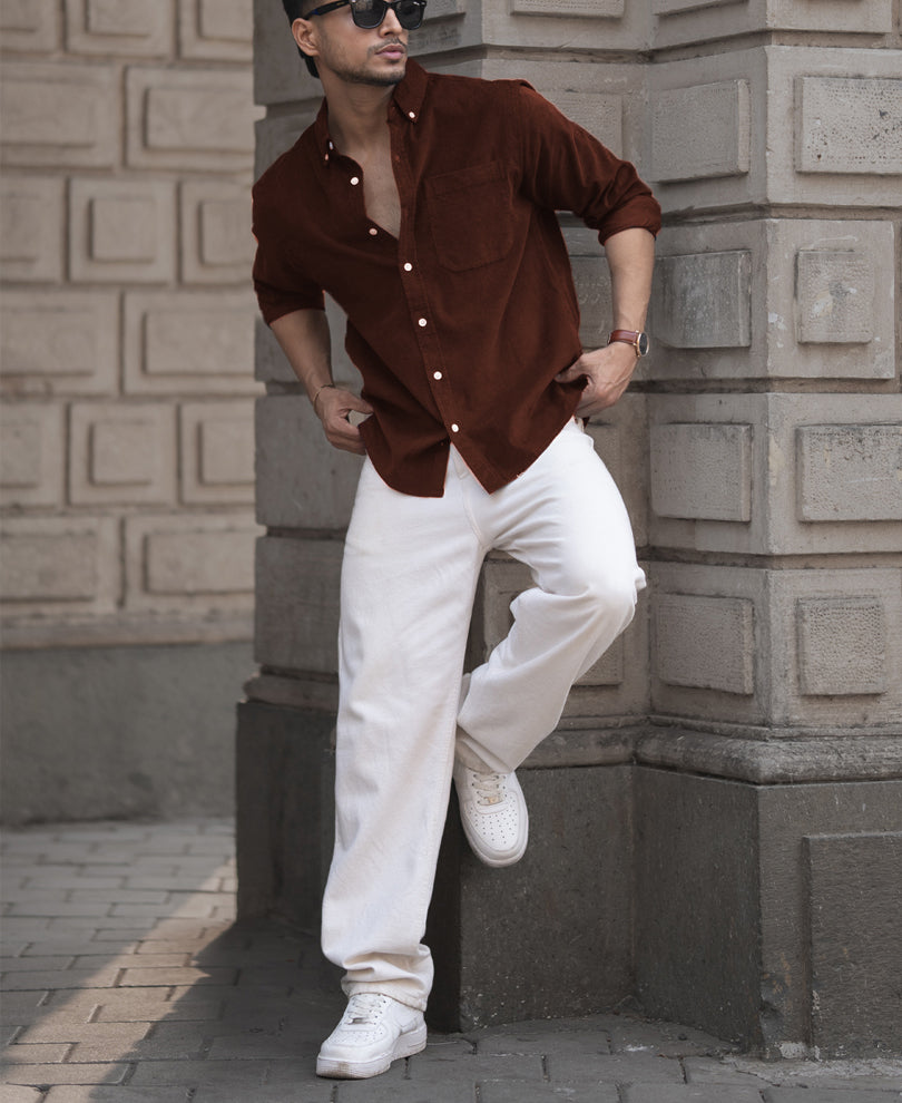 Brown Corduroy Regular Fit Full Sleeves Shirt